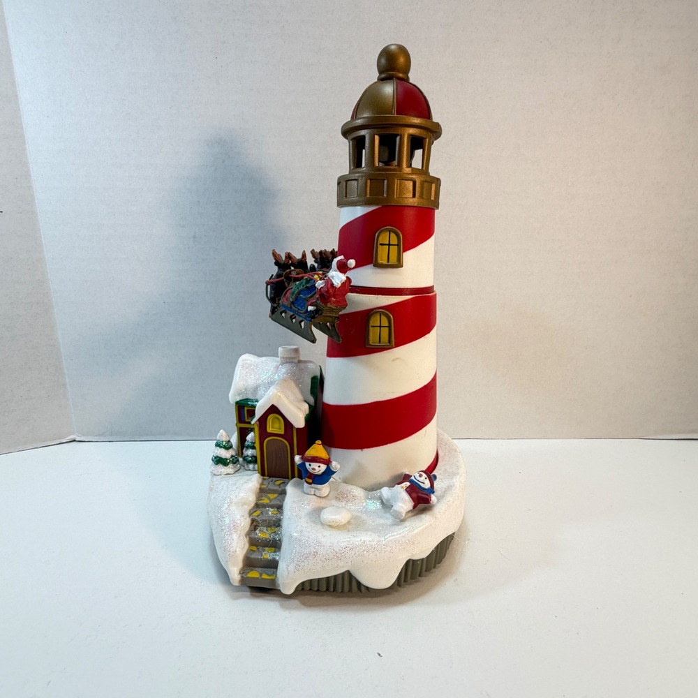 Village Christmas Lighthouse Musical Santa Sleigh Reindeer Striped Music READ